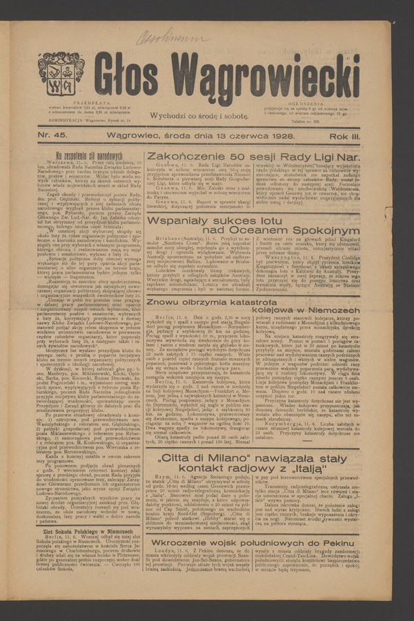 Głos Wągrowiecki. Rok&nbsp;3, 1928, numer&nbsp;45