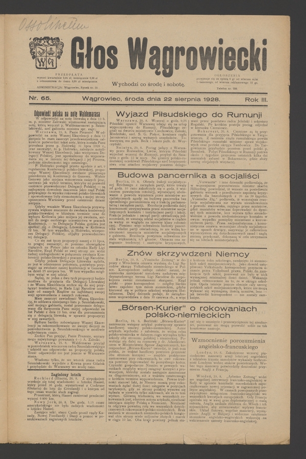 Głos Wągrowiecki. Rok&nbsp;3, 1928, numer&nbsp;65