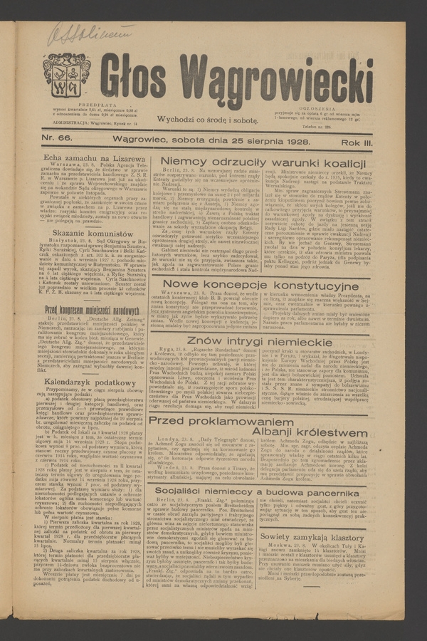 Głos Wągrowiecki. Rok&nbsp;3, 1928, numer&nbsp;66