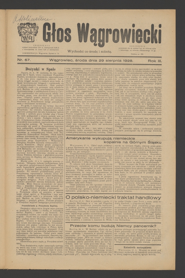 Głos Wągrowiecki. Rok&nbsp;3, 1928, numer&nbsp;67