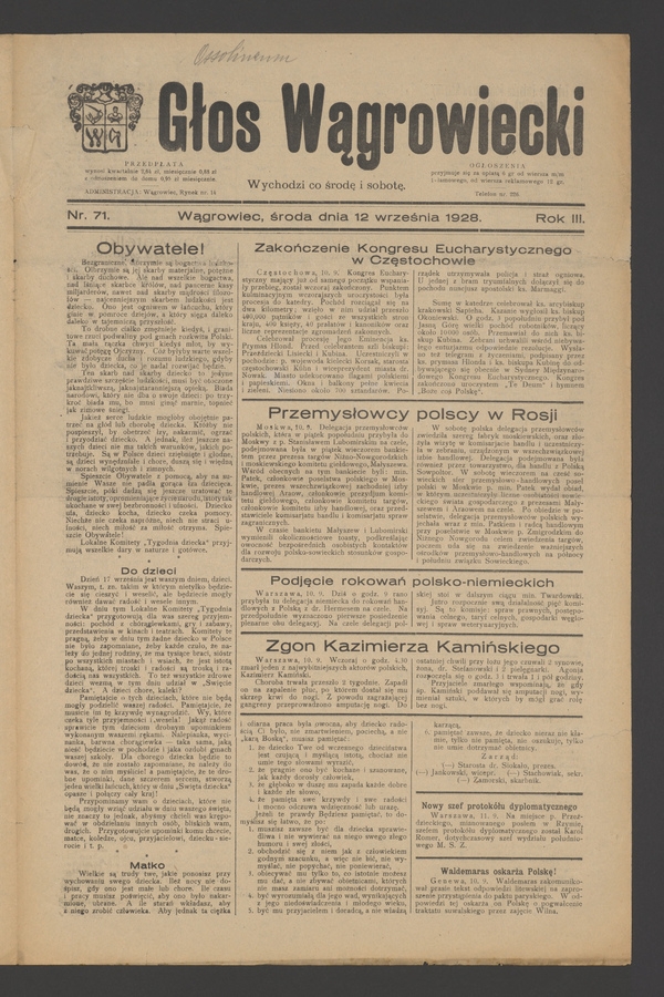 Głos Wągrowiecki. Rok&nbsp;3, 1928, numer&nbsp;71