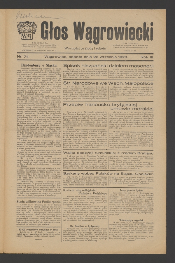 Głos Wągrowiecki. Rok&nbsp;3, 1928, numer&nbsp;74
