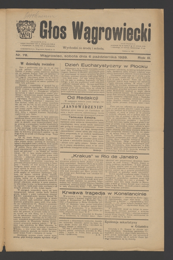 Głos Wągrowiecki. Rok&nbsp;3, 1928, numer&nbsp;78