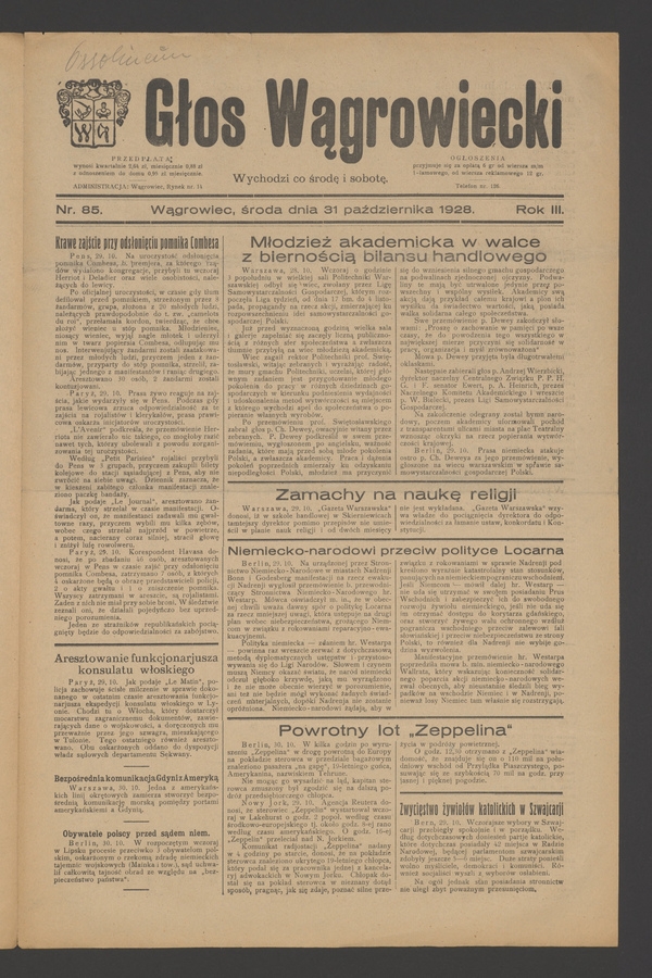 Głos Wągrowiecki. Rok&nbsp;3, 1928, numer&nbsp;85