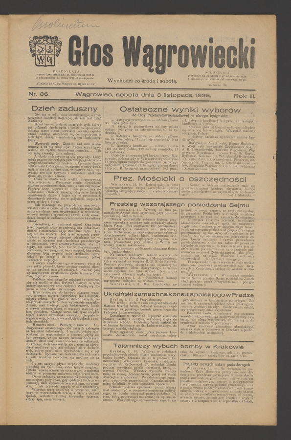 Głos Wągrowiecki. Rok&nbsp;3, 1928, numer&nbsp;86