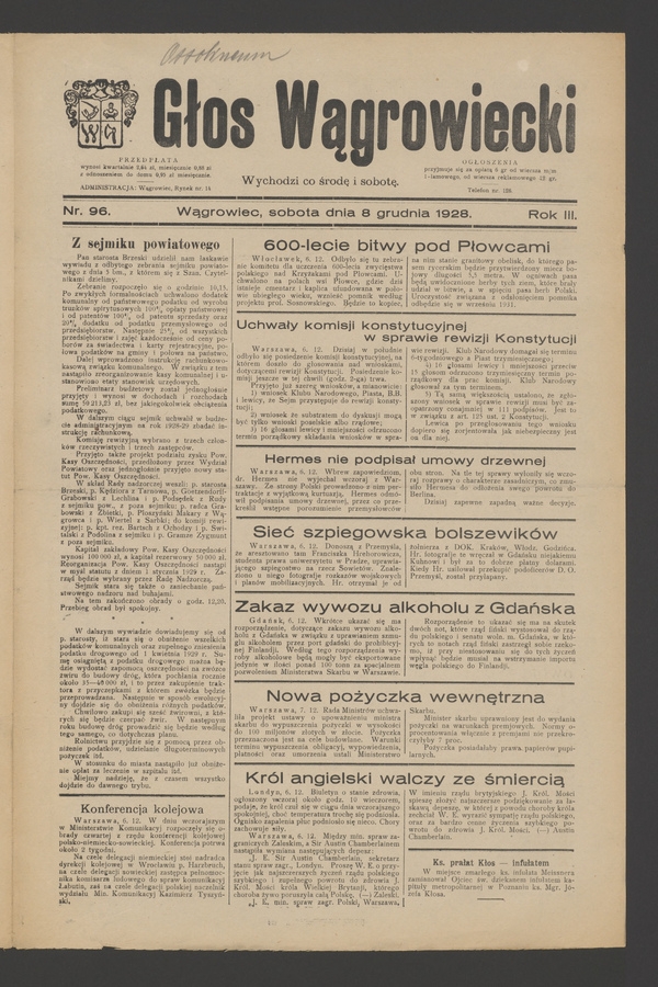 Głos Wągrowiecki. Rok&nbsp;3, 1928, numer&nbsp;96
