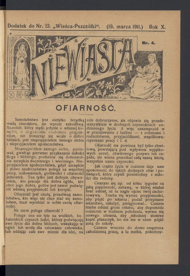 Niewiasta : dodatek do numeru&nbsp;12&nbsp;&bdquo;Wieńca-Pszcz&oacute;łki&rdquo;. Rok&nbsp;11, 1911, numer&nbsp;4