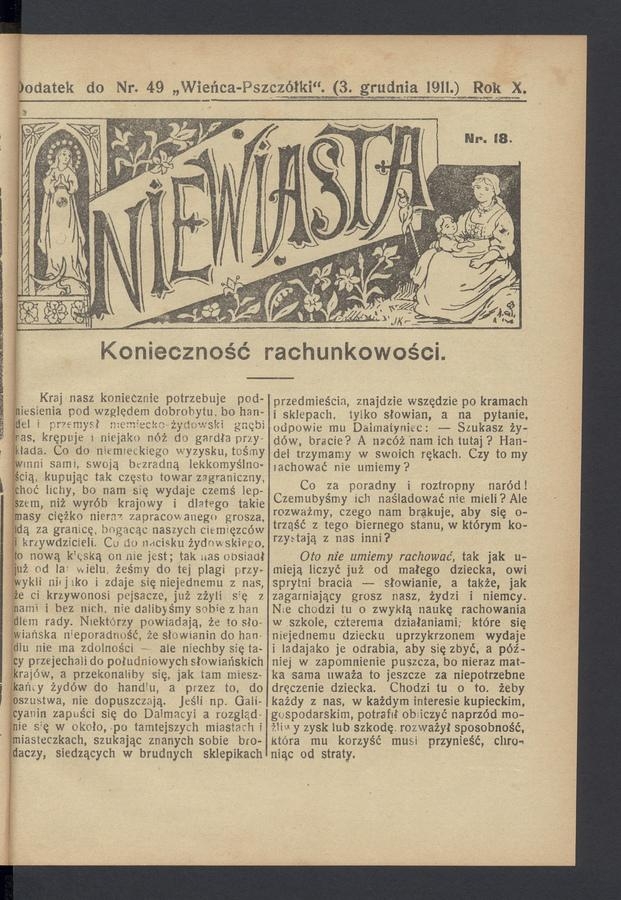 Niewiasta : dodatek do numeru&nbsp;49&nbsp;&bdquo;Wieńca-Pszcz&oacute;łki&rdquo;. Rok&nbsp;11, 1911, numer&nbsp;18