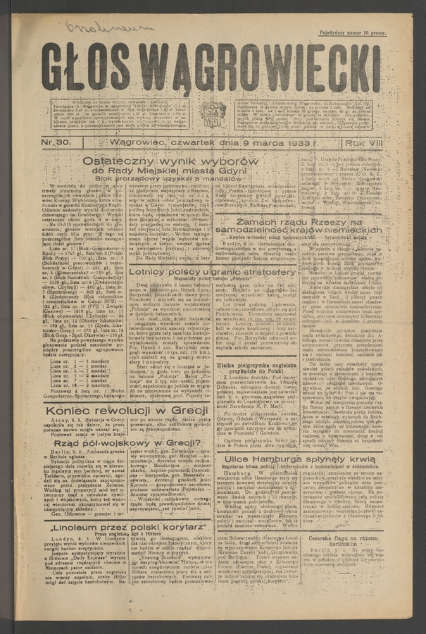 Głos Wągrowiecki. Rok&nbsp;8, 1933, numer&nbsp;30