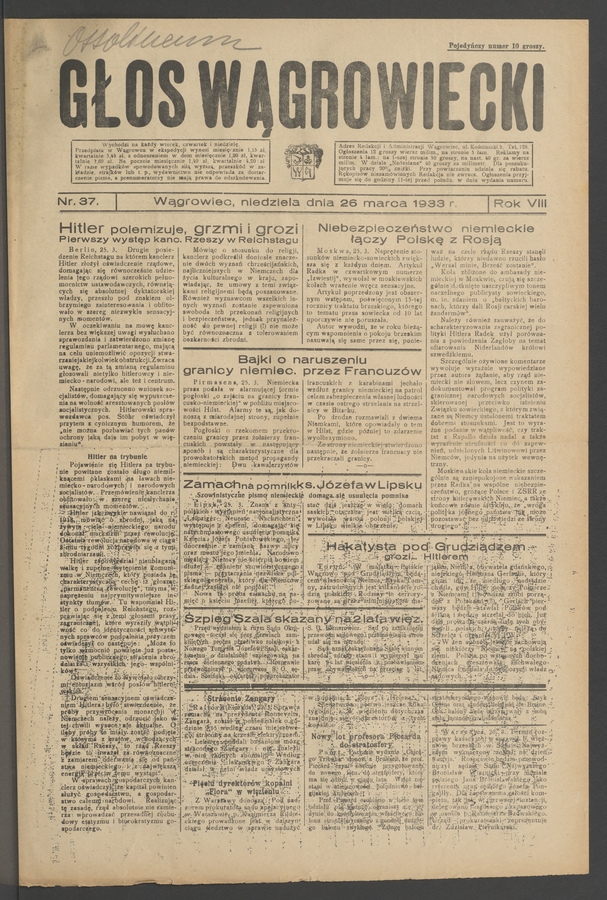 Głos Wągrowiecki. Rok&nbsp;8, 1933, numer&nbsp;37