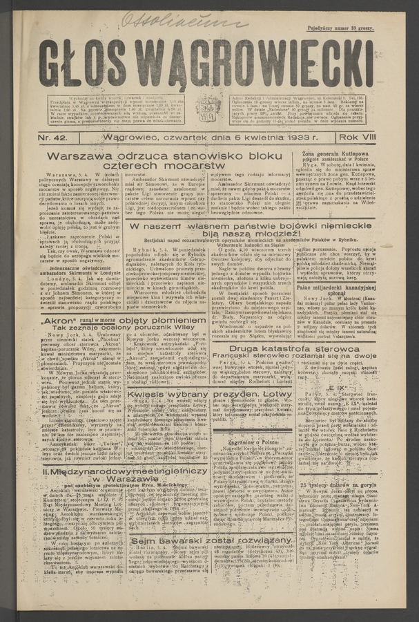 Głos Wągrowiecki. Rok&nbsp;8, 1933, numer&nbsp;42