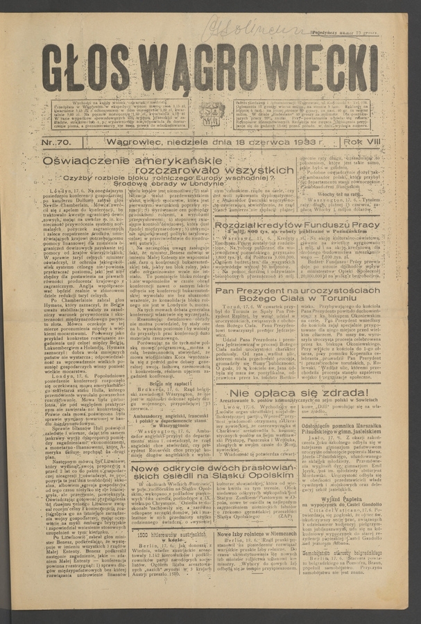 Głos Wągrowiecki. Rok&nbsp;8, 1933, numer&nbsp;70