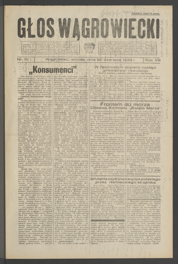 Głos Wągrowiecki. Rok&nbsp;8, 1933, numer&nbsp;71