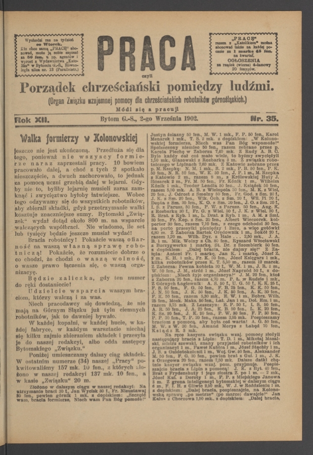 Praca,&nbsp;Czyli Porządek Chrześciański Pomiędzy Ludźmi&nbsp;: organ Związku Wzajemnej Pomocy dla&nbsp;Chrześciańskich Robotnik&oacute;w G&oacute;rnośląskich. Rok&nbsp;12, 1902, numer&nbsp;35