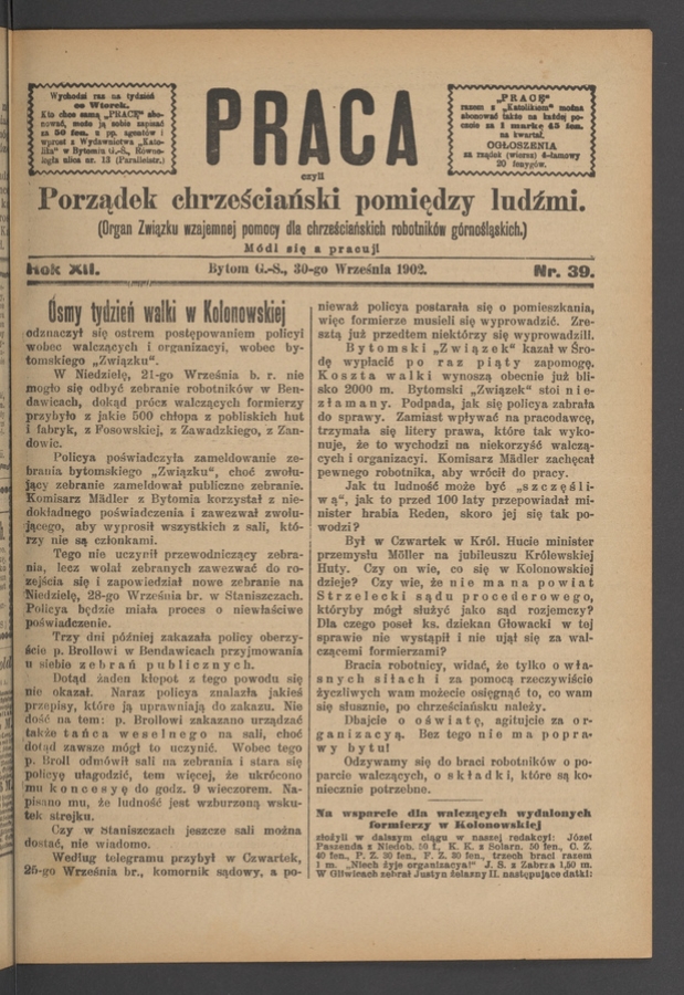 Praca,&nbsp;Czyli Porządek Chrześciański Pomiędzy Ludźmi&nbsp;: organ Związku Wzajemnej Pomocy dla&nbsp;Chrześciańskich Robotnik&oacute;w G&oacute;rnośląskich. Rok&nbsp;12, 1902, numer&nbsp;39
