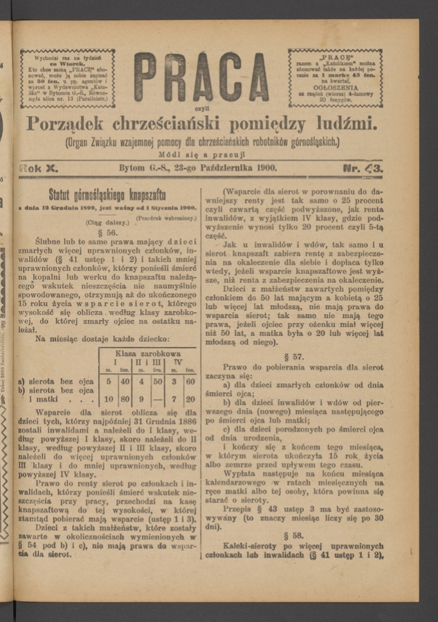 Praca,&nbsp;Czyli Porządek Chrześciański Pomiędzy Ludźmi&nbsp;: organ Związku Wzajemnej Pomocy dla&nbsp;Chrześciańskich Robotnik&oacute;w G&oacute;rnośląskich. Rok&nbsp;10, 1900, numer&nbsp;43