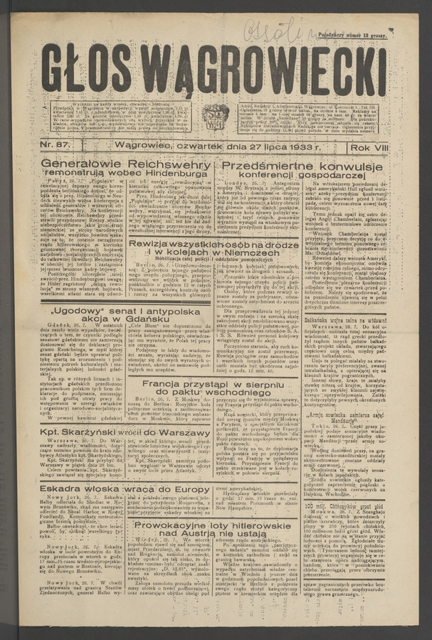 Głos Wągrowiecki. Rok&nbsp;8, 1933, numer&nbsp;87