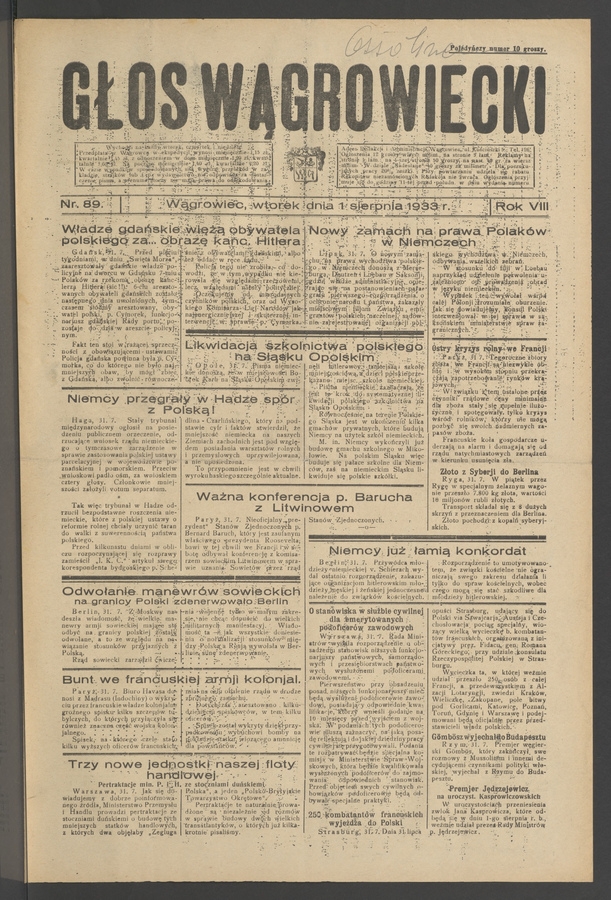 Głos Wągrowiecki. Rok&nbsp;8, 1933, numer&nbsp;89
