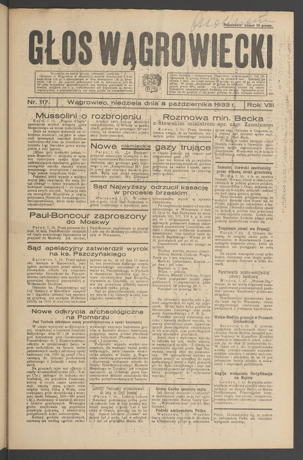 Głos Wągrowiecki. Rok&nbsp;8, 1933, numer&nbsp;117