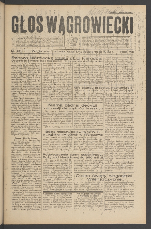 Głos Wągrowiecki. Rok&nbsp;8, 1933, numer&nbsp;121