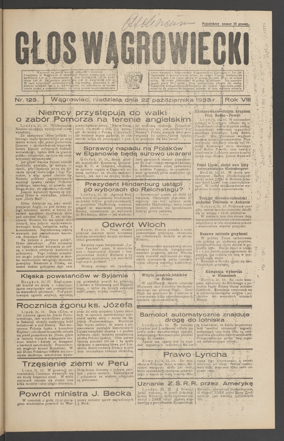 Głos Wągrowiecki. Rok 8, 1933, numer 123