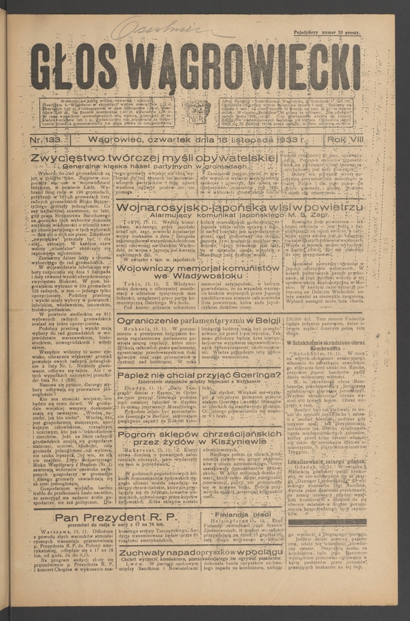 Głos Wągrowiecki. Rok&nbsp;8, 1933, numer&nbsp;133