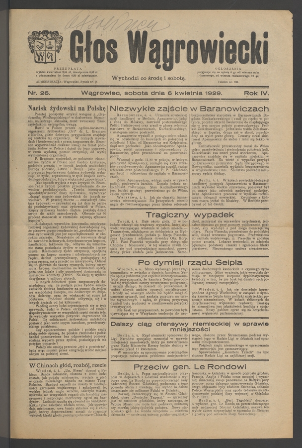 Głos Wągrowiecki. Rok&nbsp;4, 1929, numer&nbsp;26