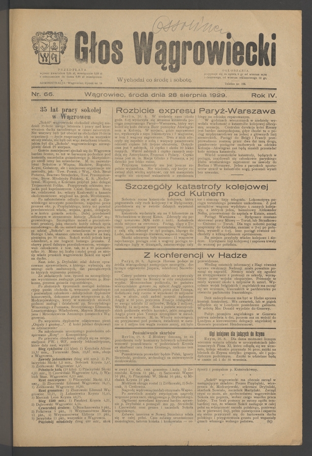 Głos Wągrowiecki. Rok&nbsp;4, 1929, numer&nbsp;66