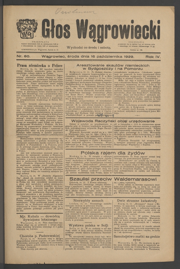 Głos Wągrowiecki. Rok&nbsp;4, 1929, numer&nbsp;80