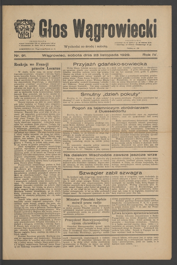 Głos Wągrowiecki. Rok&nbsp;4, 1929, numer&nbsp;91