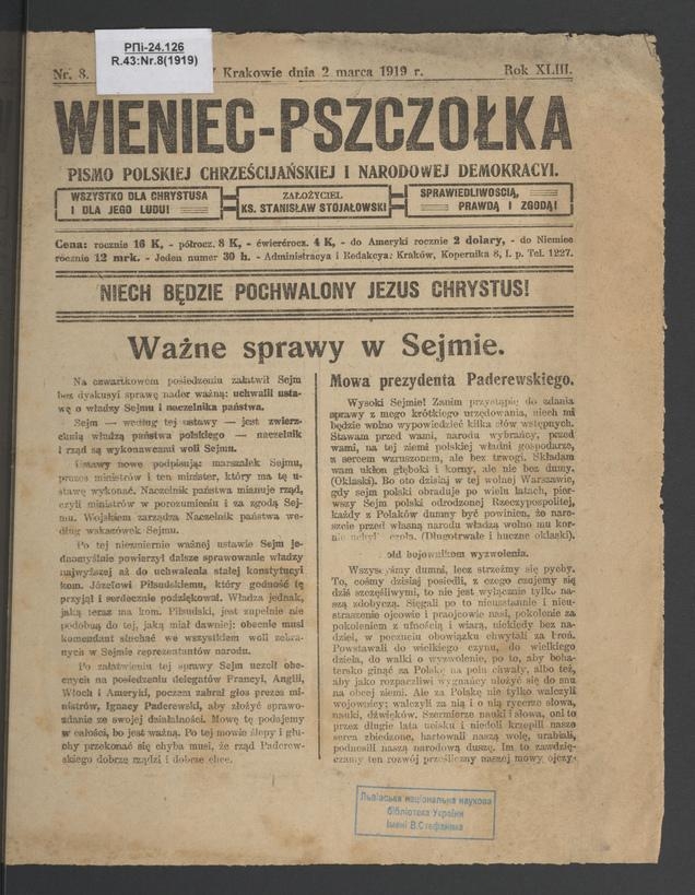 Wieniec-Pszcz&oacute;łka&nbsp;: pismo polskiej chrześcijańskiej i&nbsp;narodowej demokracyi. Rok&nbsp;43, 1919, numer&nbsp;8