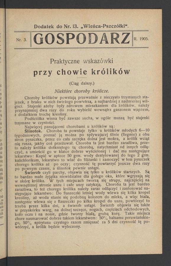 Gospodarz&nbsp;: dodatek do&nbsp;numeru&nbsp;13 &bdquo;Wieńca-Pszcz&oacute;łki&rdquo;. 1905, numer&nbsp;3