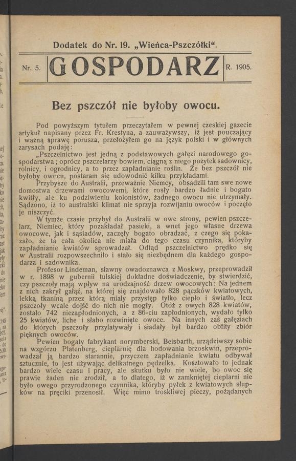 Gospodarz&nbsp;: dodatek do&nbsp;numeru&nbsp;19 &bdquo;Wieńca-Pszcz&oacute;łki&rdquo;. 1905, numer&nbsp;5