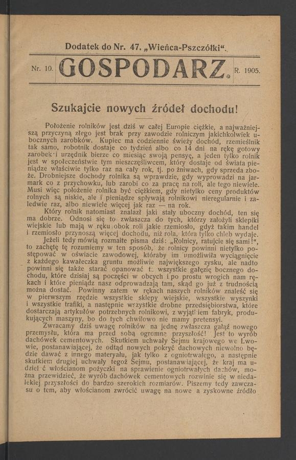 Gospodarz&nbsp;: dodatek do&nbsp;numeru&nbsp;47 &bdquo;Wieńca-Pszcz&oacute;łki&rdquo;. 1905, numer&nbsp;10